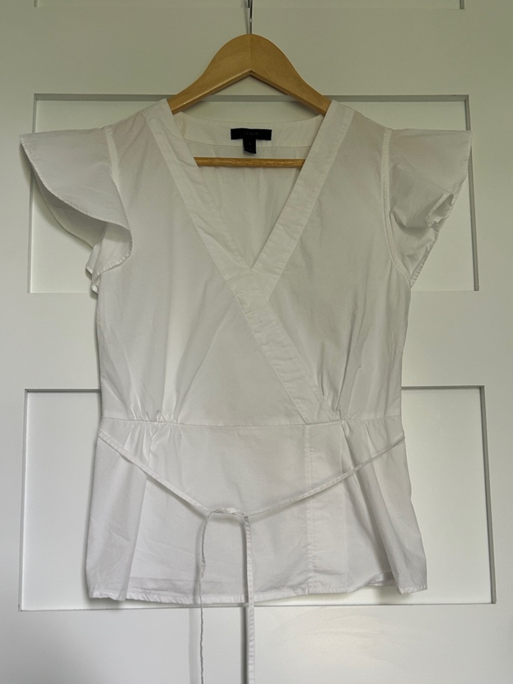 J. Crew White Flutter Sleeve Wrap Top in Cotton Poplin